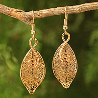 Natural leaf gold plated earrings Forest Duet Thailand