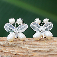 Pearl and quartz button earrings Exotic Butterfly Thailand