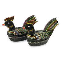 Lacquered wood boxes Curious Chickens pair Thailand