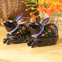 Lacquered wood boxes Carnation Bunnies pair Thailand
