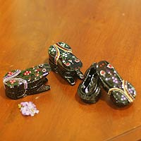 Lacquered wood boxes Fortunate Frogs set of 3 Thailand