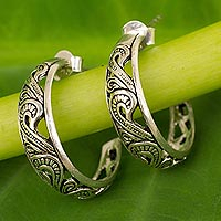 Sterling silver half hoop earrings, 'Moon in the Forest' - Handmade Sterling Silver Half Hoop Earrings