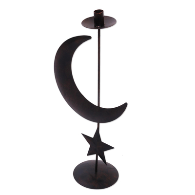 Iron candle holder, 'Night Sky' - Iron Moon and Star Motif Candle Holder