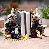 Wood bookends, 'Rabbits Like to Read' - Indonesian Wood Rabbit Bookends (Pair)