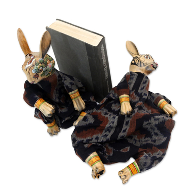 Wood bookends, 'Rabbits Like to Read' - Indonesian Wood Rabbit Bookends (Pair)