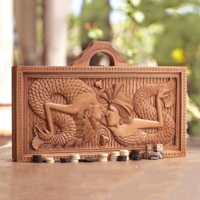 Wood backgammon set, 'Mermaid Marriage' - Balinese Mermaid Theme Carved Wood Backgammon Set