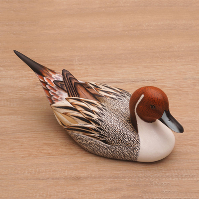 Wood statuette, 'Pintail Duck' - Hand Carved Albesia Wood Duck Statuette from Bali