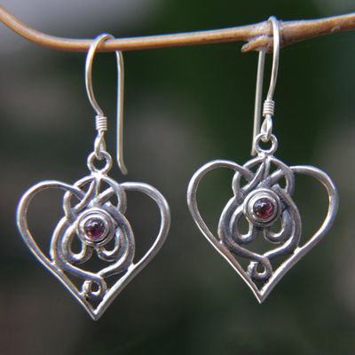 Heart Shaped Garnet Sterling Silver Earrings - My Heart and Yours | NOVICA