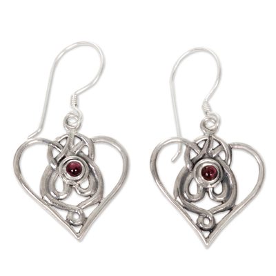 Garnet dangle earrings, 'My Heart and Yours' - Heart Shaped Garnet Sterling Silver Earrings