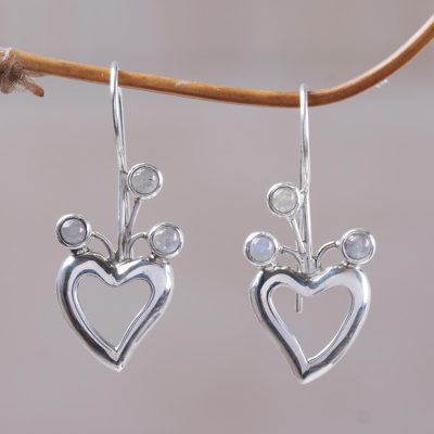 Rainbow moonstone drop earrings, 'Lucky in Love' - Heart Shaped Rainbow Moonstone Drop Earrings