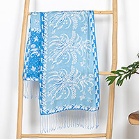 Silk batik scarf, 'Sky Blue Blossom' - Indonesian Blue Batik Scarf