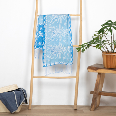 Silk batik scarf, 'Sky Blue Blossom' - Batik Silk Scarf from Indonesia