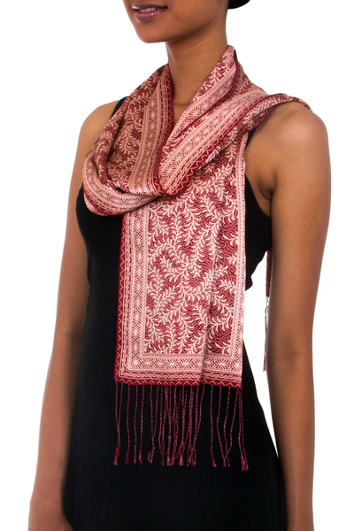 Silk batik scarf, 'Red Fern' - Handcrafted Silk Batik Scarf