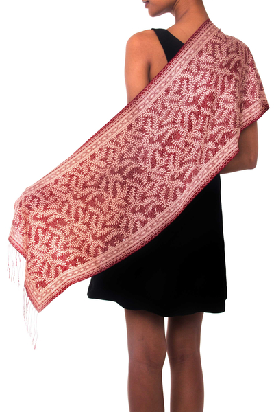 Silk batik scarf, 'Red Fern' - Handcrafted Silk Batik Scarf