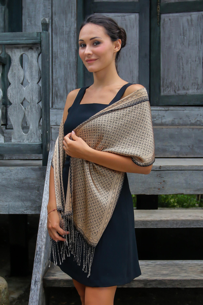 Silk batik scarf, 'Golden Rings' - Batik Silk Patterned Scarf