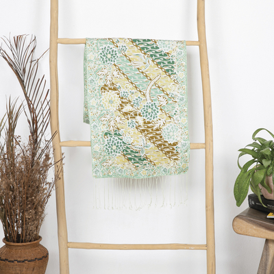 Batik silk scarf, 'Green Lotus Blossom' - Batik Silk Patterned Scarf