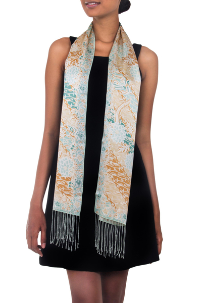 Silk scarf, 'Green Lotus Pond' - Batik Silk Patterned Scarf