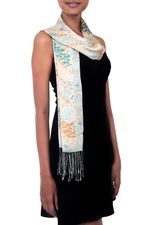 Batik silk scarf, 'Green Lotus Blossom' - Batik Silk Patterned Scarf