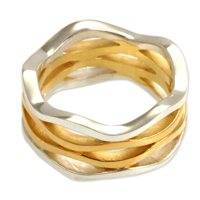 Gold accent band ring, 'Ocean Waves' - Gold Accent and Sterling Silver Band Ring
