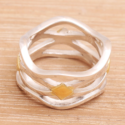 Gold accent silver band ring, 'Adrift on the Sea' - Gold Accent Handcrafted Silver Ring from Bali