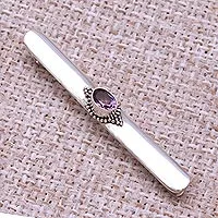 Amethyst tie clip, 'Bold Spirit' - Amethyst Sterling Silver Tie Clip