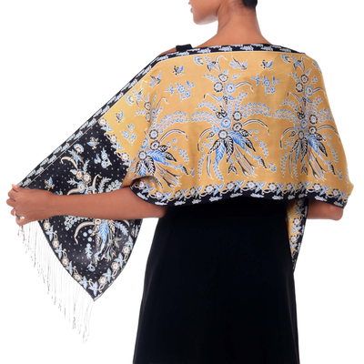 Batik silk scarf, 'Golden Paradise' - Handmade Silk Batik Scarf with Floral Motifs from Bali