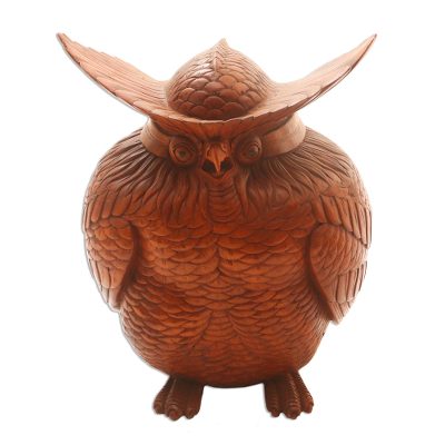 Wood statuette, 'Mother Owl' - Indonesian Wood Bird Sculpture