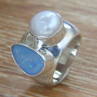 Opal and pearl cocktail ring, 'Never Apart' - Opal and Pearl Sterling Silver Ring