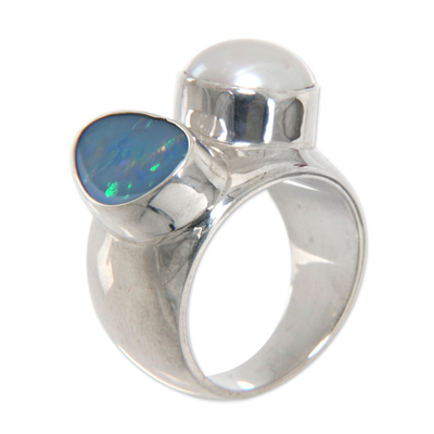 Opal and pearl cocktail ring, 'Never Apart' - Opal and Pearl Sterling Silver Ring