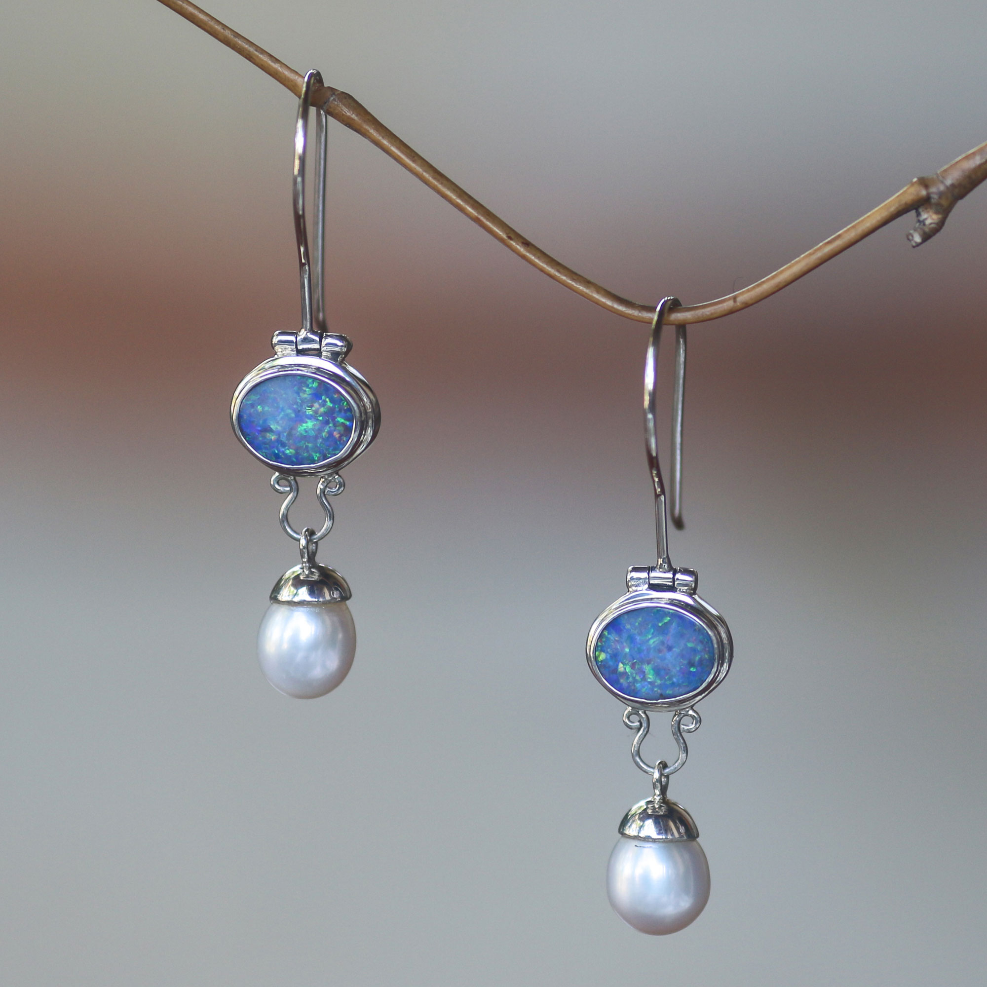 Pearl and Opal Sterling Silver Drop Earrings, 'Harmony' hook dangle earrings handcrafted jewelry