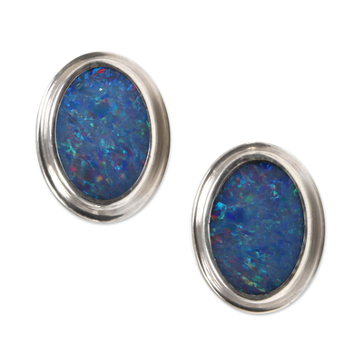 Opal button earrings, 'Honesty' - Handcrafted Sterling Silver and Opal Earrings