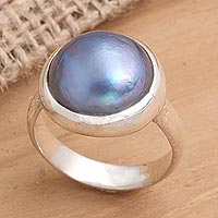 Cultured mabe pearl solitaire ring, Blue Bubble Beauty