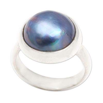 Cultured mabe pearl solitaire ring, 'Blue Bubble Beauty' - Fair Trade Pearl and Sterling Silver Ring