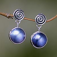 Cultured pearl dangle earrings, 'Hypnotic Blue'