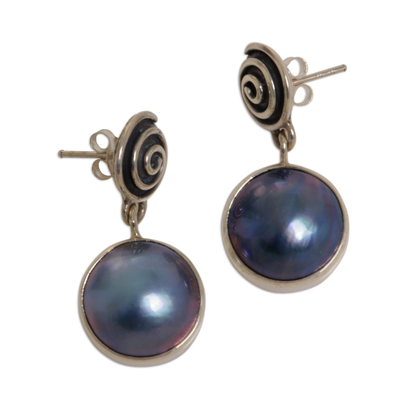 Cultured pearl dangle earrings, 'Hypnotic Blue' - Sterling Silver Cultured Pearl Dangle Earrings