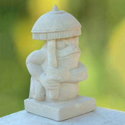 Escultura de piedra arenisca, 'Rana con sombrilla' - Escultura de jardín de piedra arenisca
