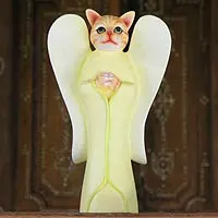 Wood sculpture, 'Tabby Cat Angel' - Wood Animal Sculpture