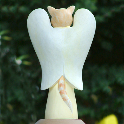 Wood sculpture, 'Tabby Cat Angel' - Wood Animal Sculpture