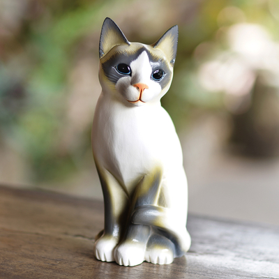 Wood statuette, 'Blue Eyed Kitten' - Wood statuette