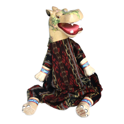 Wood display doll, 'Storyteller Hippo' - Artisan Crafted Cotton and Wood Display Doll