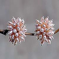 Pearl cluster earrings, 'Rose Cluster' - Bridal Sterling Silver Pearl Earrings
