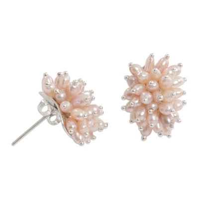 Pearl cluster earrings, 'Rose Cluster' - Bridal Sterling Silver Pearl Earrings