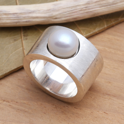 Cultured pearl band ring, 'Simplicity' - Handmade Sterling Silver and Pearl Band Ring