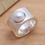 Cultured pearl band ring, 'Simplicity' - Handmade Sterling Silver and Pearl Band Ring