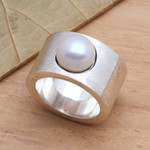 Cultured pearl band ring, 'Simplicity' - Handmade Sterling Silver and Pearl Band Ring
