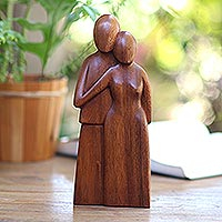 Wood sculpture, 'Young Family' - Handcrafted Romantic Wood Sculpture