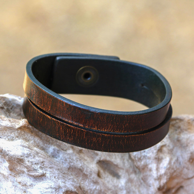 Leather bracelet, 'Duality in Brown' (medium) - Modern Leather Wristband Bracelet (Medium)