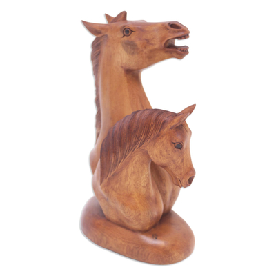 Wood sculpture, 'Equine Twins' - Wood sculpture