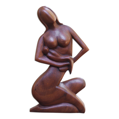 Wood sculpture, 'Motherhood' - Unique Indonesian Wood Sculpture