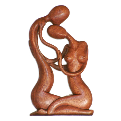 Wood sculpture, 'Sweethearts' - Hand Carved Romantic Wood Sculpture